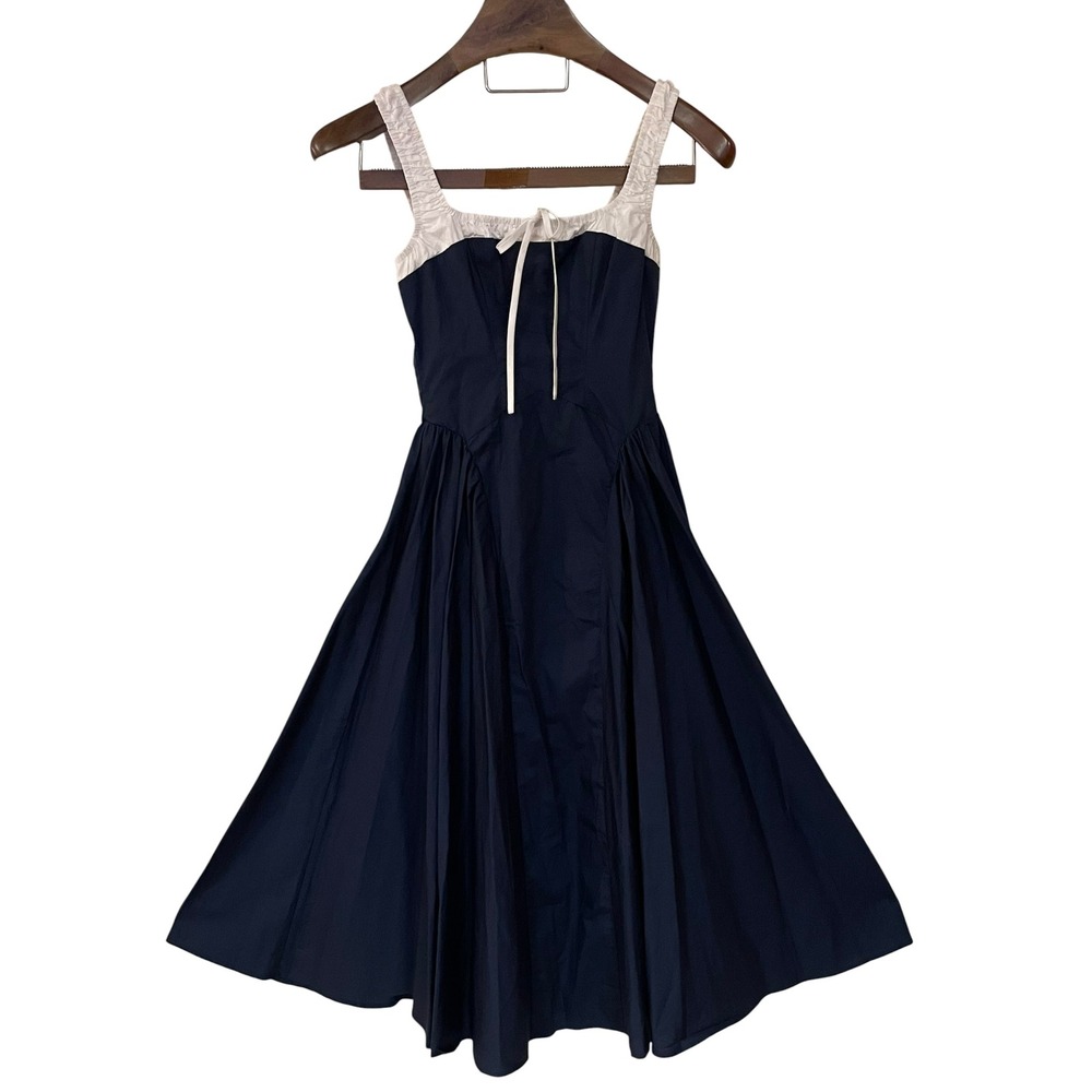 Moon River Blue White Smocked Fit Flare Midi Dress Cotton Milkmaid Cottage XS - Picture 2 of 16